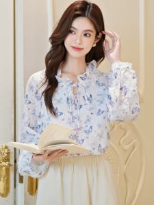 French Floral Chiffon Shirt Womens Elegant Spring Autumn New Style Beautiful Top European Fashion Small Shirt Bubble Sleeve