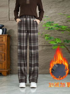 High Waist Slim Fit Wide Leg Pants Womens Winter Fleece Lined Straight Cut Trousers Casual Pants Checkered Woolen Pants