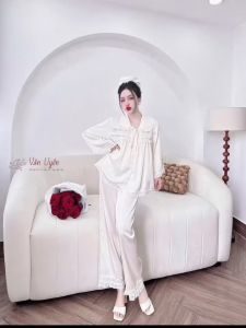 Bộ pijama tiểu thư cổ sen ren quần dài tay dài Lụa latin họa tiết trơn may kĩ đẹp phom dưới 65kg