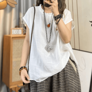 เสื้อเชิ้ตคอตั้งแขนสั้นผู้หญิงฤดูร้อน 2025 ทรงหลวม ระบายอากาศได้ดี ทรงหลวม แขนสั้น สีพื้น คอตั้ง ปกเสื้อเชิ้ต