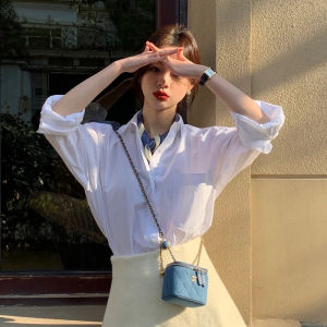 White Cotton Casual Shirt Womens Spring Autumn Layering Loose Personality Long Sleeve Pure Color Commute Style Korean Version