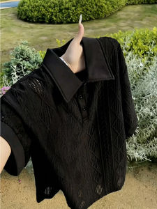 ZHUOCAN | Black Hollow Knit Breathable Mens Polo Shirt Thin for Summer