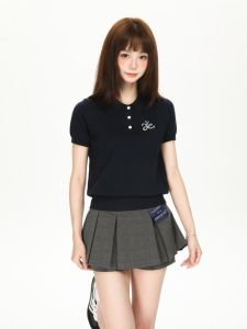 Retro Dark Blue POLO Knitted Slim Fit Overhead Short Sleeve Women Elastic Waist Top Casual Loose Style Pure Color Summer Shirt