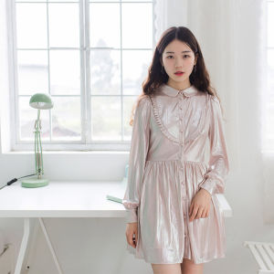 Sweet Pink Long Sleeve Blouse Style Short Dress Womens Spring New Arrival Midi Dress Gathered Hemline Slim Fit Dress