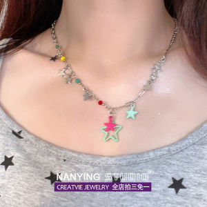 Nanying Colorful Candy Star Necklace Unique Design Trendy Accessory Spicy Cool Girl Clavicle Chain Star Pendant Titanium Steel