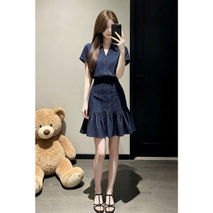 LIRUSHAN | Cute Summer Blue Short Sleeve Shirt Dress Short Skirt