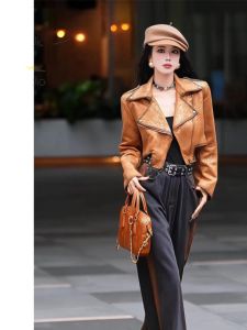 Retro Design Short Biker Jacket Womens Small Size Deer Suede Velvet Outerwear Commute Style Loose Fit Long Sleeve Zipper