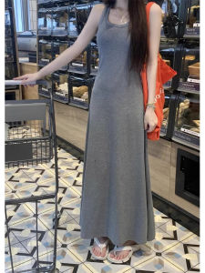 Gray Strapless U-Neck Long Dress Womens Summer Versatile Elegant Slimming Waist Cinched Sleeveless Vest Dress