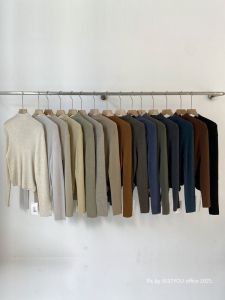 เสื้อสเวตเตอร์ถักคอปกสูงครึ่งตัวสำหรับผู้หญิง ทรงเข้ารูป แขนยาว คอกลม ทรงเข้ารูป เสื้อคลุมแบบสวมหัว