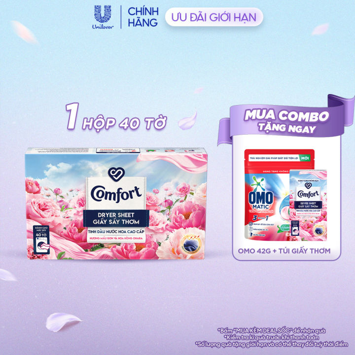 (Livestream) - Giấy Thơm Comfort Hương Mẫu Đơn Và Hoa Hồng Ohara 40 tờ/hộp, Dành Cho Máy Sấy Quần Áo, Tủ Đồ