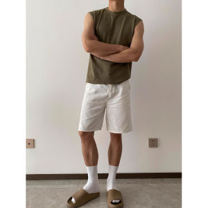 Quần Short Denim Nam Mùa Hè American Vibe Quần Dài Năm Điểm Thẳng Màu Trắng Quần Jeans Nam Dáng Rộng Thoải Mái Thoáng Khí