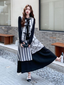 Unique Butterfly Knot Lace Embroidery Asymmetrical Three-Piece Set Early Autumn Fashionable Womens Outfit Long Sleeve round Neck