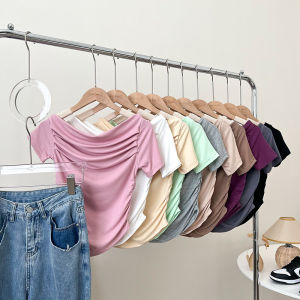 Fashionable Shoulder-baring One-shoulder Pleated Slimming Short T-shirt Base Shirt Elegant Top Women Commute Style Pure Color Summer Regular Sleeve Length