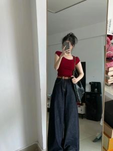 Red Shoulder Square Collar Short Sleeve T-Shirt Female 2024 Summer Stylish Silm Slim Looking Elegant Beautiful Sweet and Spicy Tops