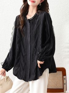 Simple Elegant plus Size Womens Lace Trim Patchwork Top Loose Fit Black Slimming Base Shirt Comfortable Polyester Fiber