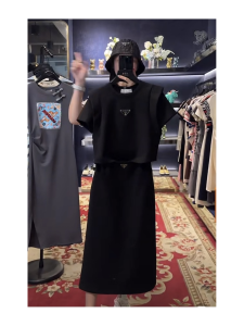 Summer Casual Short Sleeve round Neck Half Skirt Slimming Hepburn Style Two-Piece Set Fashionable Womens Top And Skirt Ensemble