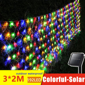 Solar Net Lights Outdoor Mesh Lights Waterproof 200LED 9.8x6.6ft Cool White Christmas Net Lights 8 Modes Tree Lights for Bushes Shrubs Lawn Indoor Decorations