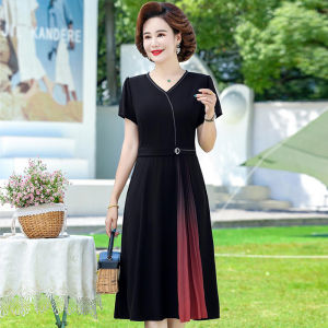 Fashionable Short Sleeve Long Dress Slimming Belly Covering Midlife Womens Summer Dress V Neck Zipper Closure Polyester Fiber