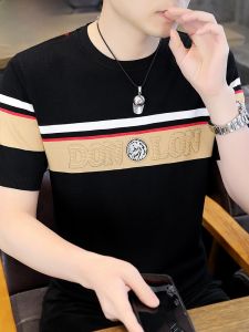 HENGYUANXIANG | Hengyuanxiang Mens Knitted Short Sleeve T-Shirt Summer High-end Color Block Rhinestone Round Neck Ice Silk Half Sleeve Top