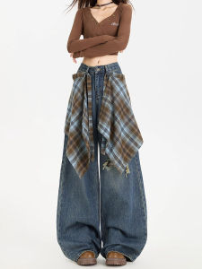 กางเกงยีนส์ขากว้างเอวสูงสไตล์ย้อนยุคแบบถอดได้สำหรับผู้หญิง กางเกงขายาวทรงตรงหลวมๆ ดีไซน์ปลอมขาด กางเกงยีนส์ทรงหลวมๆ สำหรับผู้หญิง