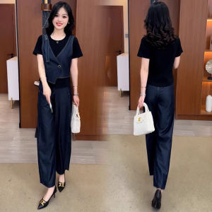 YOUFAN | Stylish Denim Suit Fake Two-Piece Short Sleeve Wide Leg Pants Summer