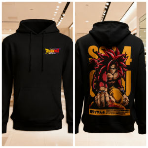 Dragon Ball Anime Goku Cotton Hoodie Black Color Character Print with Super Saiyan 4 Form Red Hair Yellow Pants Design Casual