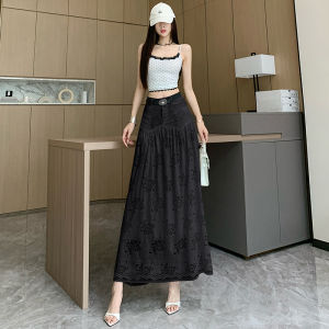 Slimming Floral Embroidery Half Skirt High Waist A-Line Puffy Long Dress Versatile White Maxi Skirt for Summer 2025 Womens Fashion