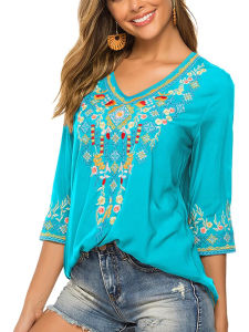 Casual V-Neck Printed Long Sleeve Top Womens Loose Fit T-Shirt Comfortable Polyester Summer Fashion Basic Style No Brand