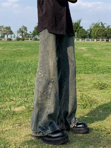 Washed American Retro Mens Jeans Summer High Street Splicing Design Loose Straight Tube Drapey Micro-flared Pants