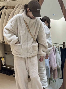 Korean Style Thickened Fleece Lined Loose Home Clothes Outerwear for Women Autumn Winter Warm Cozy Sleepwear Ladies Suit