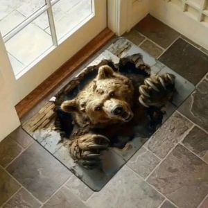 VIKAMA 3D Dark Hole Orange Cat Doormat Funny Scary Visual Illusion Flannel Non Slip Indoor Front Entrance Floor Mat Decor