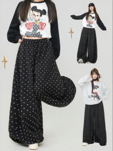 KEIKO | Korean Style Black Dots Loose High Waist Trousers