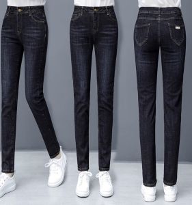 กางเกงยีนส์ทรงสลิมฟิตเอวสูงสำหรับผู้หญิง ฤดูใบไม้ผลิ ฤดูใบไม้ร่วง ฤดูหนาว กางเกงขายาวทรงสลิมฟิตทรงเข้ารูป ผสมผ้าฝ้าย