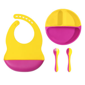 4PCS Baby Silicone Tableware Sets Contrasting Colors Dining Sets Suction Plate Waterproof Bib Portable Baby Spoon Fork