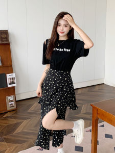 French Style Asymmetrical Hem Floral Print Dress Womens Summer New Small Batch Design T-Shirt Fake Two-Piece High Waist A-Line Skirt Cotton Dress