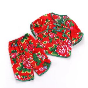 ชุดเด็กผ้าลายดอกไม้ใหญ่สไตล์ชาติพันธุ์ฤดูร้อน ชุดเด็กชายและเด็กหญิง ชุดอยู่บ้านบาง ชุดเด็กผ้าฝ้ายผสมโพลีเอสเตอร์