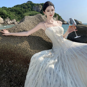 French Vintage Romantic Atmosphere Sensation Strapless Lace Halterneck Long Dress Super Fairy Tale Skirt for Holiday