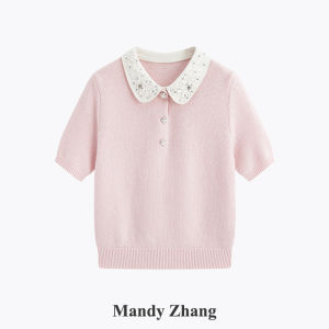 Pink Collared Short Sleeve Contrast Knit Top