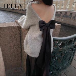 IELGY Lazy style backless bow design long sleeve loose sweater for women