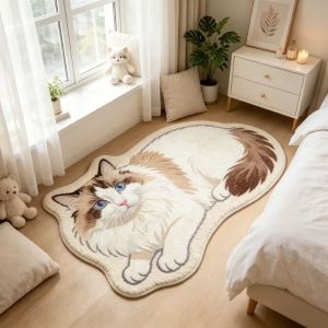 VIKAMA Cute Cat Shaped Plush Area Rug Washable Anti Slip Alfombra For Bedroom Bay Window Dressing Table Pet Lover Home Decor