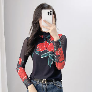 REHIN Womens Mesh V-Neck 3D Floral Prints Long Sleeve T-shirt Slim Fit Stretch Autumn Winter Fashion Blouse