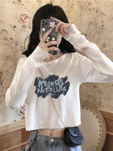 White Long Sleeve Cotton T-Shirt Womens High Waist Print Loose Base Shirt Korean Style Commute Fashion Classic Pattern