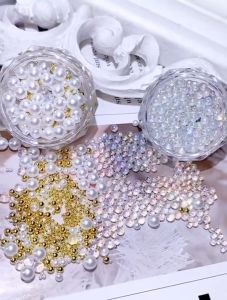Mix Caviar Pearl Acc Accessories Nail Art Mutiara Putih Silver Gold AB White Hiasan Kuku Rhinestone Jar Mini Two Tone Gel