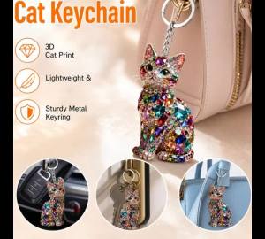 2PCS Cute Rhinestone Cat Keychain Sparkly Acrylic Kitten Bag Charm Colorful Pet Keyring For Keys Ornament