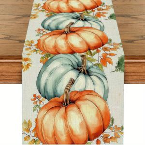 1 Autumn Pumpkin and Maple Leaf Table Running - Halloween and Thanksgiving Style Vivid Orange and Blue Pumpkin with Green Leaves Ideal for Restaurant and Kitchen Decoration