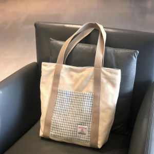 Harris Tweed Plaid Canvas Tote Bag Large Capacity Shoulder Bag Commuter Bag Retro Style Double Handle Magnetic Buckle Closure