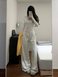High Waist Pure Cotton Sport Pants Womens Casual Wide Leg Pants Autumn 2025 New Style Slimming Loose Drapey Feel Grey White