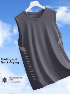 Mens round Neck Sleeveless Vest Shoulder Ice Silk Summer Running Top Ice Sensation Sports Vest Quick Dry No Sleeve T-Shirt