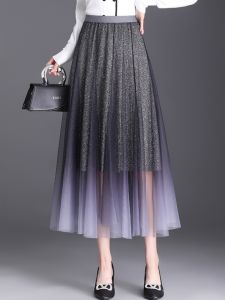 Graduated Color Mesh Skirt High Waist Midi Slim A-Line Pleated Womens Spring Autumn New Style Korean Version Polyester Fiber
