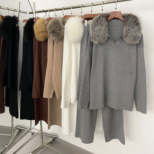 Reality Fur Jacket Pullover Set Woman Spring Knitted Suit Knitwear Female Real Fox Fur Collar Sweater Lady Autumn Knitted New